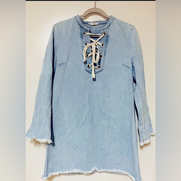 Sugar Lips Light Blue Denim Long Sleeve Mini Dress/Unfinished Hem/Tie Top/Size M - Picture 3 of 5